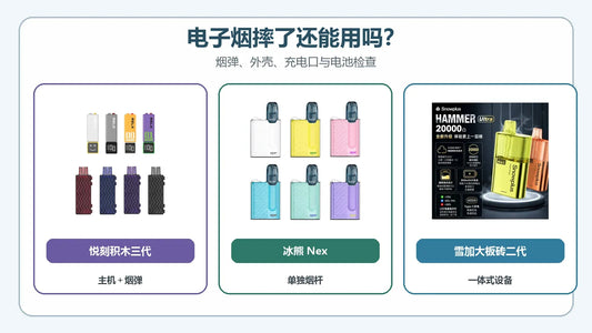 电子烟摔落检查指南：悦刻积木第三代、冰熊Nex烟杆与雪加大板砖二代真实商品图