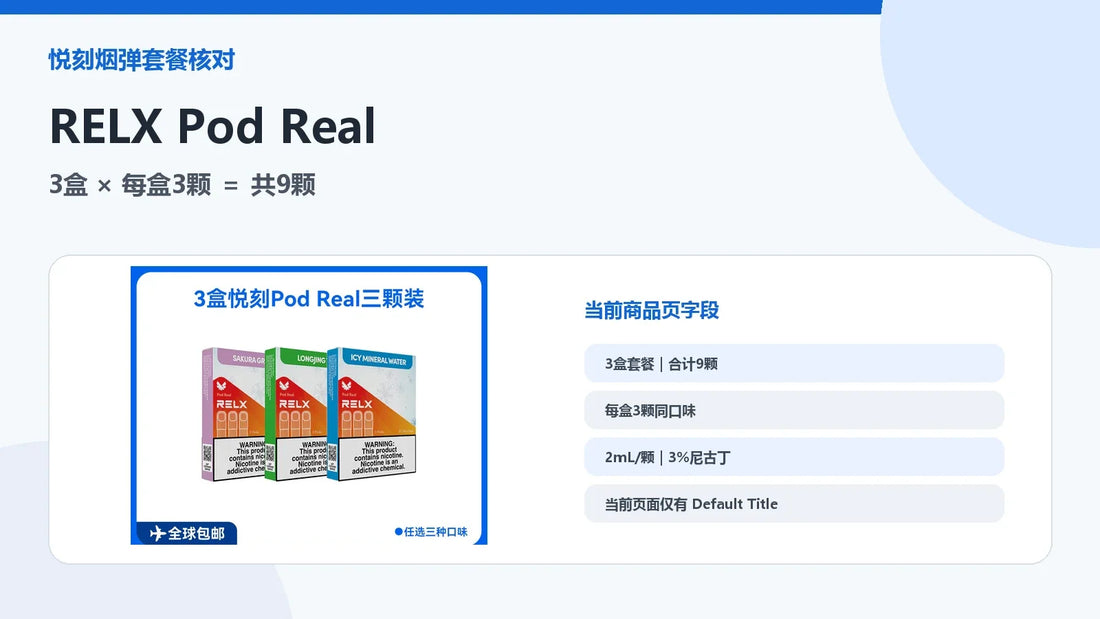 悦刻RELX Pod Real五代外贸弹三盒九颗套餐说明封面