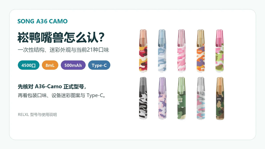崧鸭嘴兽SONG A36-Camo一次性结构4500口与21种口味白底指南封面