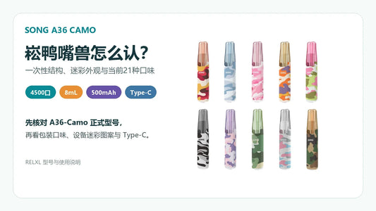 崧鸭嘴兽SONG A36-Camo一次性结构4500口与21种口味白底指南封面