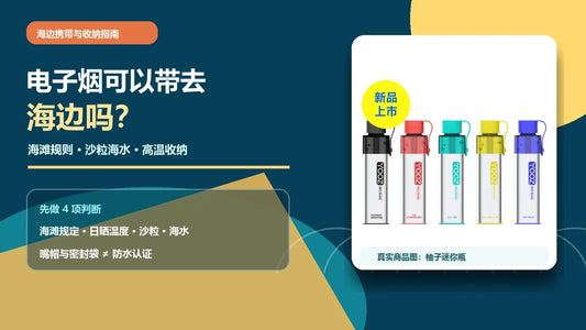 电子烟海边携带指南，说明海滩规则、沙粒海水和高温收纳，配柚子迷你瓶真实商品示例