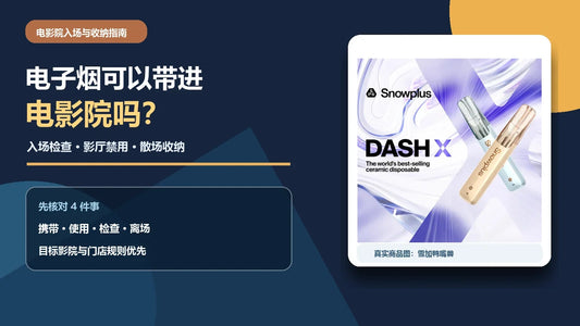 电子烟电影院入场与影厅收纳指南，说明入场检查、影厅禁用和散场检查，并配雪加鸭嘴兽真实商品图