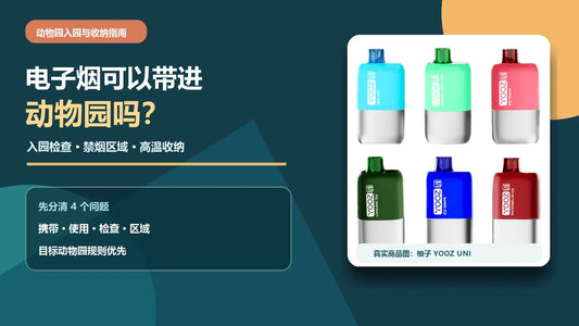 电子烟动物园入园与收纳指南，说明入园检查、禁烟区和高温收纳，并配柚子 YOOZ UNI 独角兽真实商品图