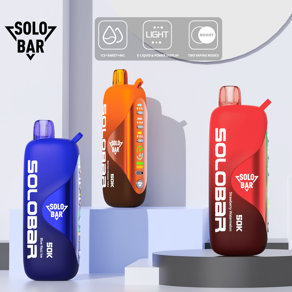 正品SOLOBAR 50000口索罗超大容量50K尼古丁/甜度/冰度可调节双输出模式一次性电子烟-多口味可选